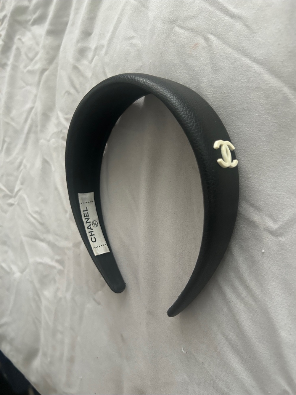CHANEL Black Leather Padded Headband with Ivory CC Emblem